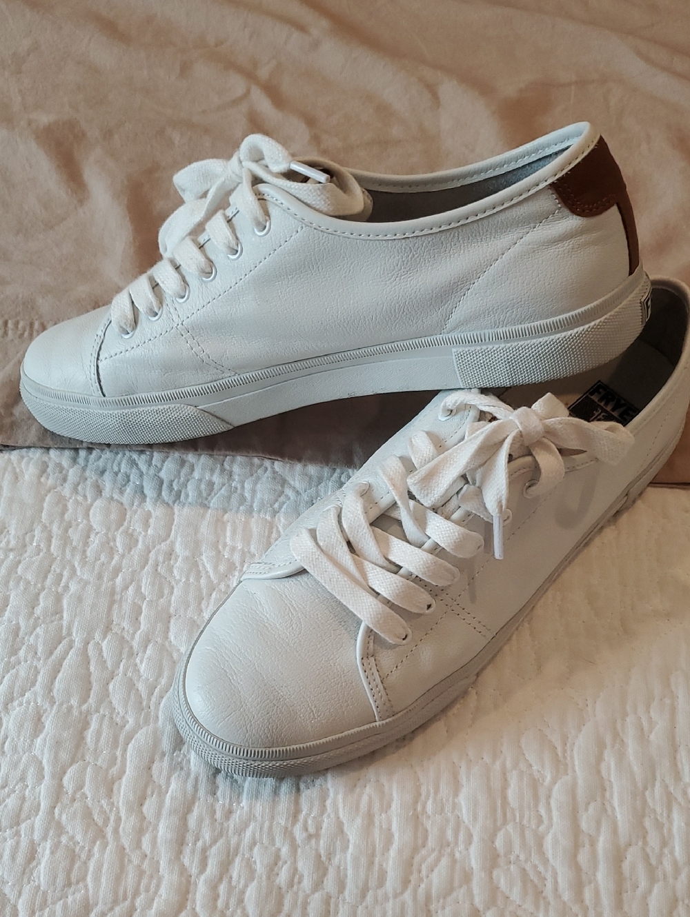 Frye White Leather Low-Top Sneakers with Brown Heel Patch
